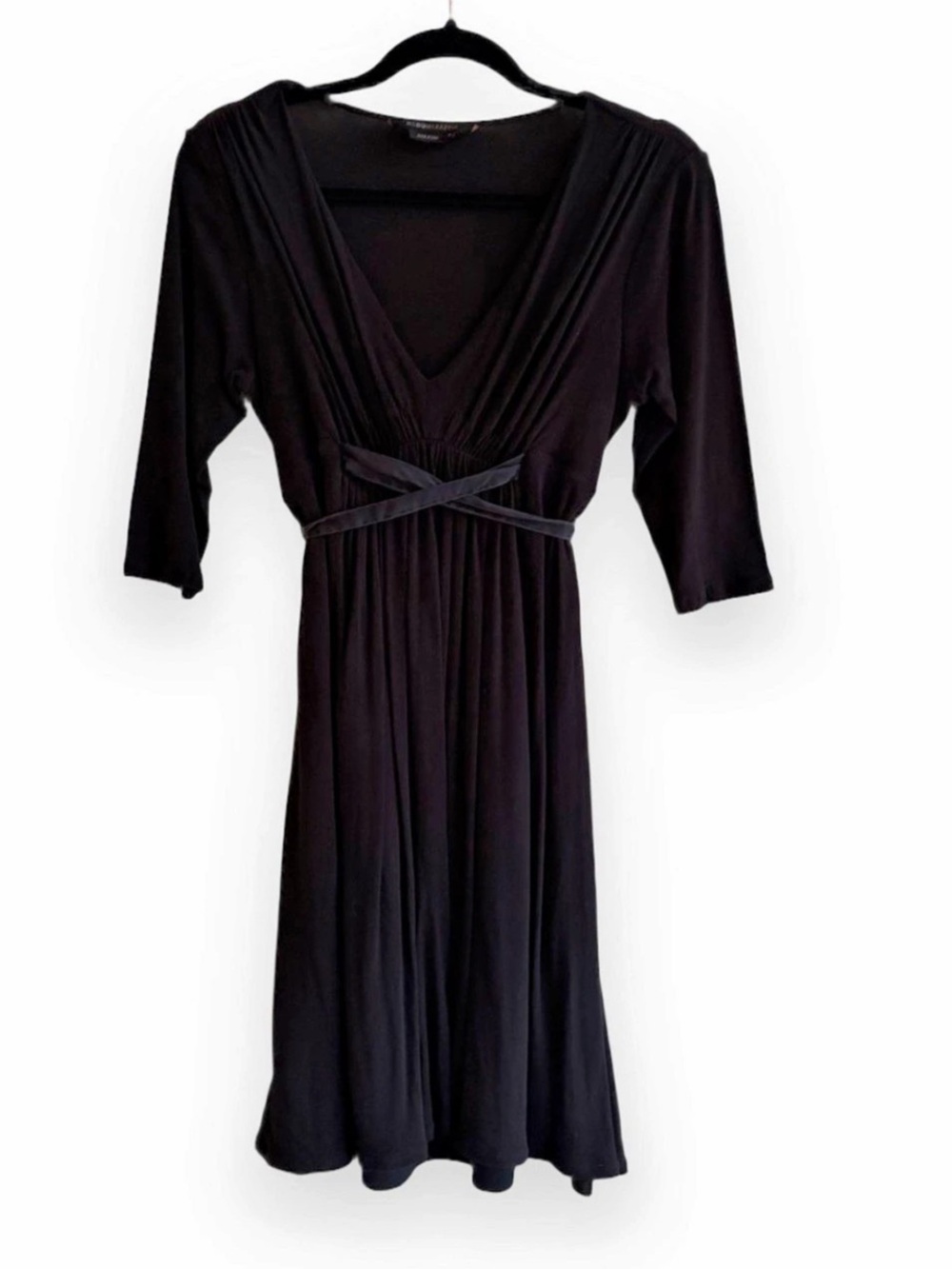 BCBGMAXAZRIA Gathered Tie Waist V Neck Belted Wrap 3/4 Sleeve Dress Y2K | SIZE M